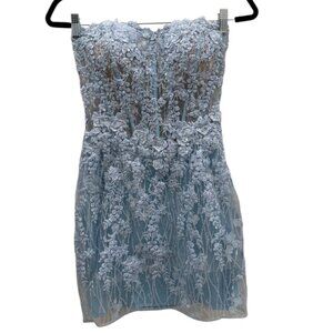 Sherri Hill Women Mini Lace Cocktail Dress Column Sweetheart Short Light Blue 4